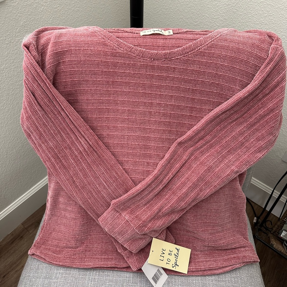 Live To Be Spoiled Womens Scoop Neck Pink Ribbed Knit Chenille Sweater XL NWT